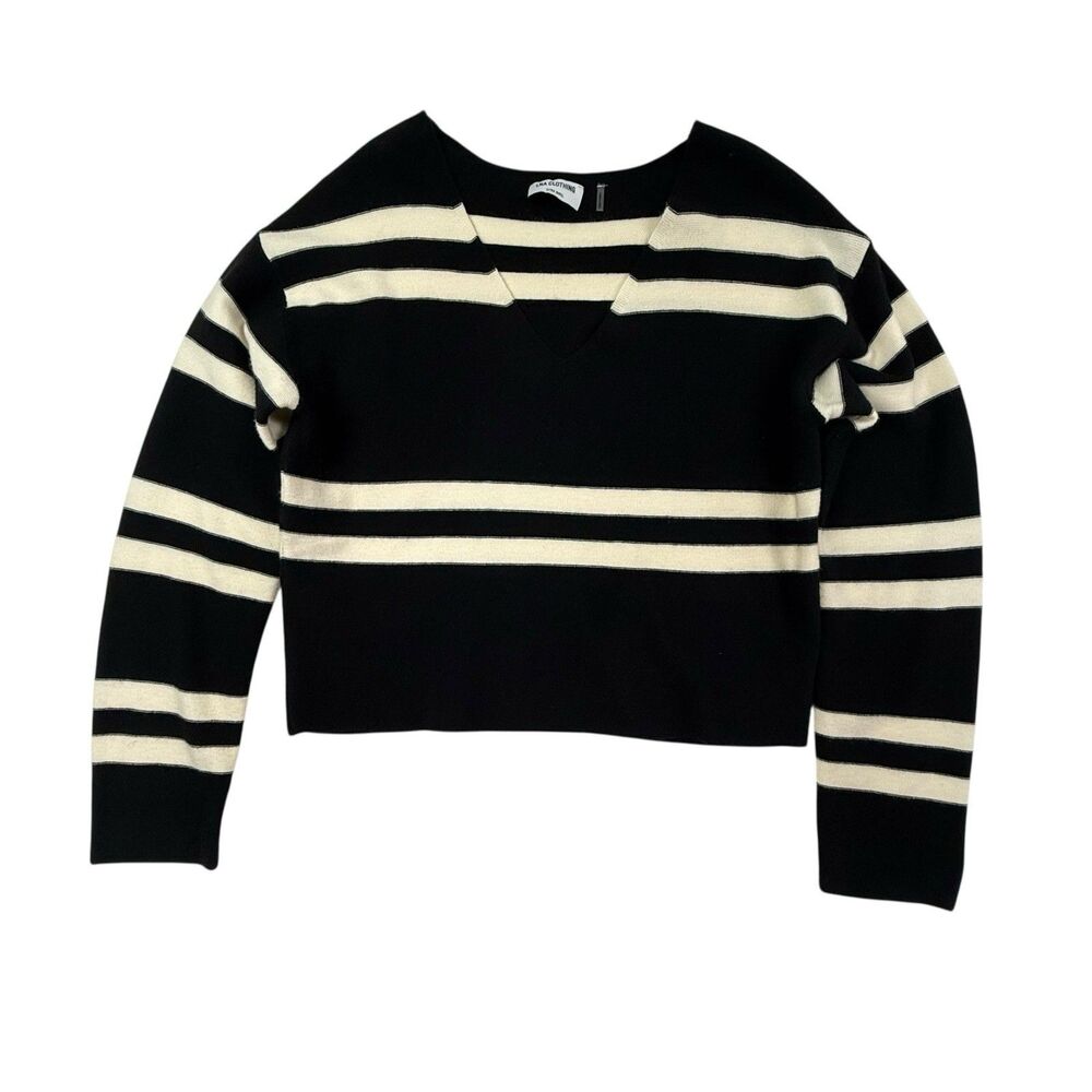 LNA Clothing Luca Stripe Sweater Women XS Black Cream V-Neck Boxy Cropped